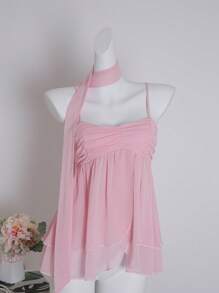 Sweetra Áo hai dây xếp ly voan trơn màu mùa hè dành cho nữ, thích hợp cho kỳ nghỉ và tiệc tùng - Hồng - Xem 3