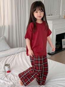 Dazy Kids 女童圆领针织短袖T恤+格子长裤睡衣套装，春夏圣诞节 - 紅色 - 查看 5