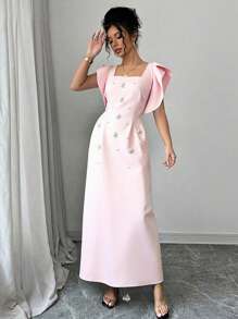 Rafferiza 女士优雅珍珠串珠方领短袖不对称修身连衣裙 - 粉色 - 查看 4