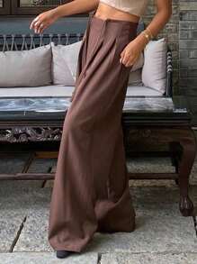 Livesso Old Money Women's Casual Solid Color Loose Wide Leg Pants With Drawstring And Zipper Fall - Coffee Brown - View 6
