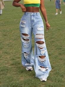 SHEIN SXY 女式口袋破洞宽松阔腿休闲百搭牛仔裤