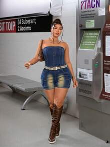 SHEIN ICON Plus Size Women Casual Fashionable Washed Elastic Distressed Denim Romper - Dark Wash - View 5