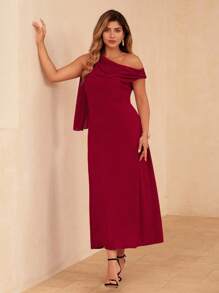 Flirla Plus Size Women Elegant Solid Color Off Shoulder Side Slit Ruffle Dress