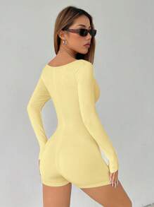 SHEIN PETITE Women Casual Solid Square Neck Unitard Romper - Yellow - View 2