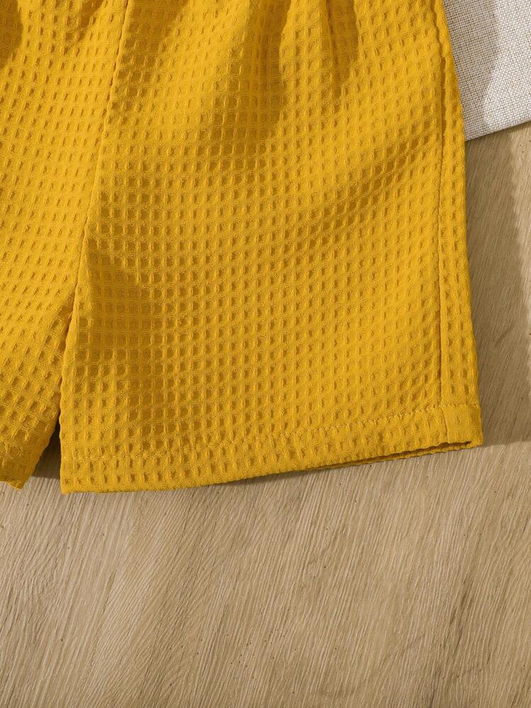 Vintaside Kids Conjunto de chaqueta de punto de manga corta con bolsillo decorado y cuello de solapa, y pantalones cortos para bebé niño - Amarillo - Añade 5