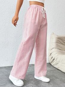 SHEIN PETITE CURVE Plus Size Casual Striped Drawstring Waist Straight Leg Pants - Pink - View 6