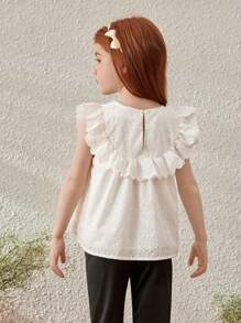 SHEIN Young Girls French Elegant Ruffle Detail White Round Neck Blouse, Spring/Summer - White - View 2