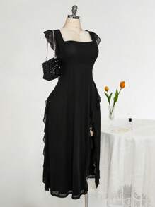 SHEIN ICON Plus Size Square Neck Ruffle Hem Fitted Dress, Wedding Party Formal Attire, Spring Wedding Guest Romantic Outfit - Black - View 9