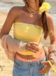 Jouncy Women's Casual Vacation Beach Contrast Trim Ruched Tube Top - Multicolor - View 5