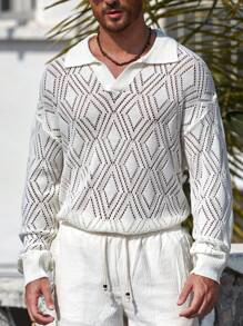 Manfinity Homme Jersey de manga larga con diseño geométrico hueco para hombres, suéter de ganchillo para vacaciones de verano en la playa en otoño/invierno - Blanco - Ver 4