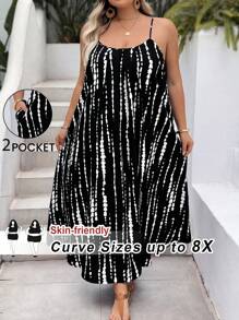 SHEIN CURVE+ Plus Size Summer Tree Pattern Spaghetti Strap Backless Loose Comfortable Vacation Dress, Suitable For Resort And Beach Y2k - Black and White - View 1