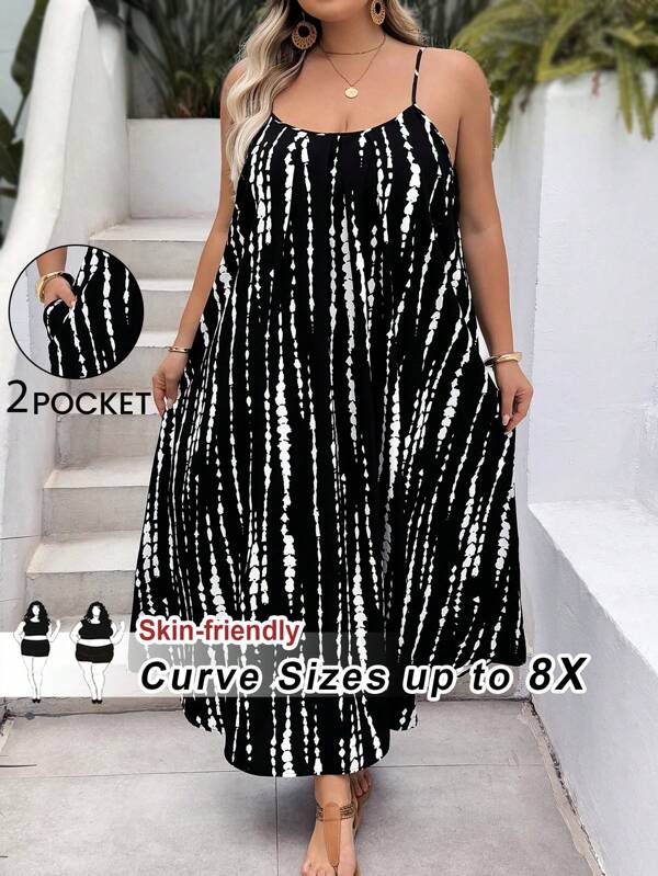 SHEIN CURVE+ Rochie de vacanță, largi, confortabilă și confortabilă, cu model de copac de vară, cu bretele spaghete, fără spate, potrivită pentru stațiuni și plajă