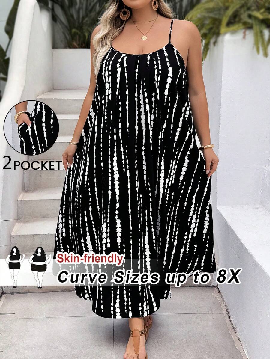 SHEIN CURVE+ Plus Size Summer Tree Pattern Spaghetti Strap Backless Loose Comfortable Vacation Dress, Suitable For Resort And Beach Y2k - Black and White - View 1