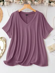Women Plus Size Solid Color V-Neck Short Sleeve Casual Loose T-Shirt - Purple - View 1