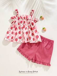 Cozy Pixies Baby Girl Strawberry Pattern Camisole Top And Solid Color Elastic Waist Shorts 2 Pieces Set