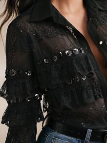 Anewsta 女士时尚优雅分层蕾丝亮片荷叶边下摆透明衬衫上衣，情人节、暑假、新年、春装 - 黑色 - 查看 1
