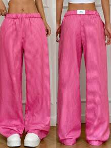 SHEIN EZwear Casual Pink Striped Wide Leg Low-Rise Pants - Hot Pink - View 1