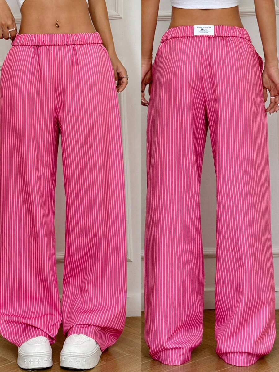 SHEIN EZwear Casual Pink Striped Wide Leg Low-Rise Pants - Hot Pink - View 1