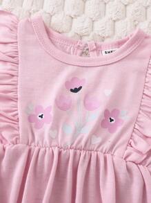 SHEIN 3pcs/Set Baby Girl Cute Floral & Leopard Print Ruffle Hem Casual Outfit - Baby Pink - View 4