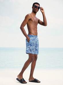 Surfspeed Men's Casual Cashew Print Drawstring Waist Beach Shorts - Blue - View 1