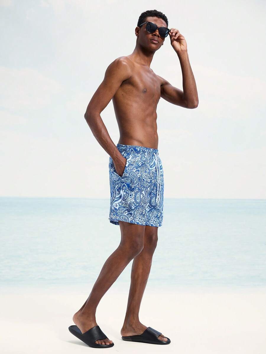 Surfspeed Men's Casual Cashew Print Drawstring Waist Beach Shorts - Blue - View 1