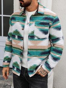 Manfinity Homme Men's Casual Woven Fabric Shacket With Geometric Print Long Sleeves And Collared Neckline - Multicolor - View 5