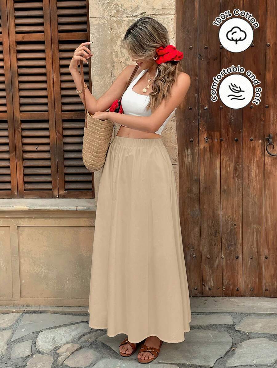 Pariaura Elastic Waist Solid High Waist A-Line Skirt, Versatile And Slimming Fall Cloth For Women - Apricot - View 1