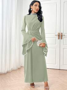 Veilorie Women's Solid Color Long Sleeve Arabic Style Dress, Casual & Fashionable For Daily Wear Long Evening Dresses