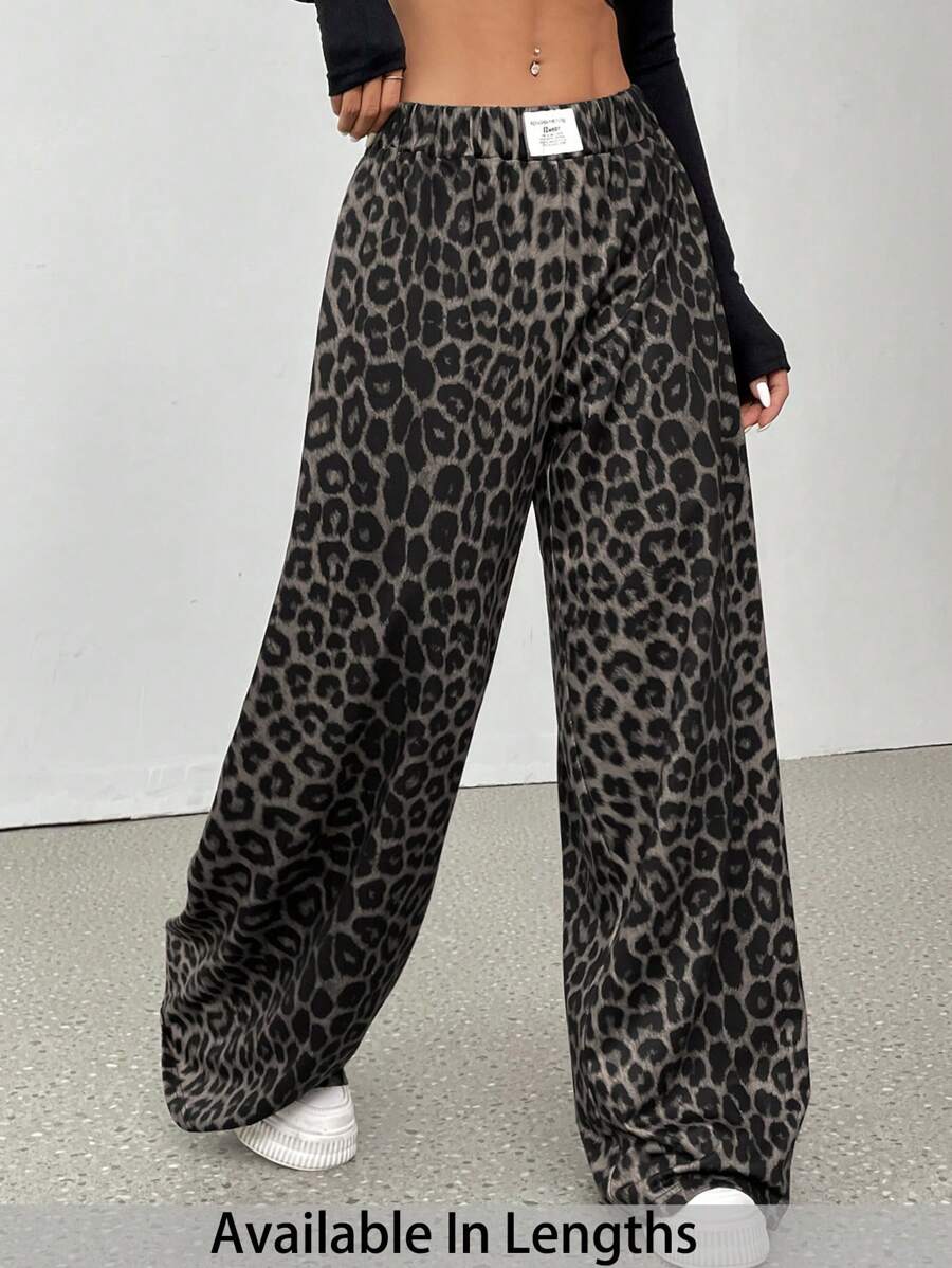 SHEIN Tall CURVE 大码休闲宽松豹纹阔腿裤 - 棕色 - 查看 1