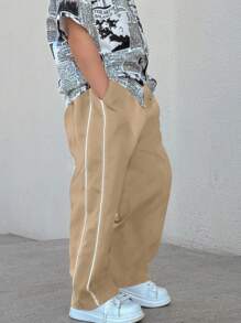 SHEIN Leap Crew 2 件套年轻男孩休闲运动套装 - 带抽绳装饰的运动裤，柔软舒适，适合日常穿着、上学、郊游、运动，适合春季、夏季、秋季、冬季