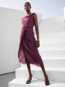 Aveloria Modichic Elegant Spring Vacation Scoop Neck Textured Fabric Asymmetrical Shoulder High-Split Waist Dress For Women - Purple - View 1