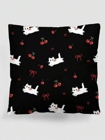 Kawaii 1 Stück Cartoon Katze und rote Kirsche Muster Plüsch bedruckter quadratischer Kissenbezug, geeignet für tägliche Wohnzimmer Schlafzimmer Heimdekoration, Sofakissen und Autopölster, ganzjährig