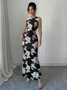 Elenzga Vestido sólido de mujer elegante, de moda, para ir a trabajar, encantador, sin mangas, de cuello redondo, cintura ceñida, ajustado al Body, con bordados - Negro - Ver 5