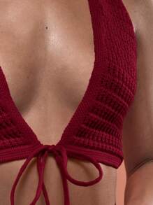 MUSERA Crochet Halter Neck Fitted Deep Plunge Tie Front Cropped Top Summer Holiday Sexy Ibiza Fits Spring Vacation Beach Night Out Fall Autumn Winter Date Night  Chic - Burgundy - View 6