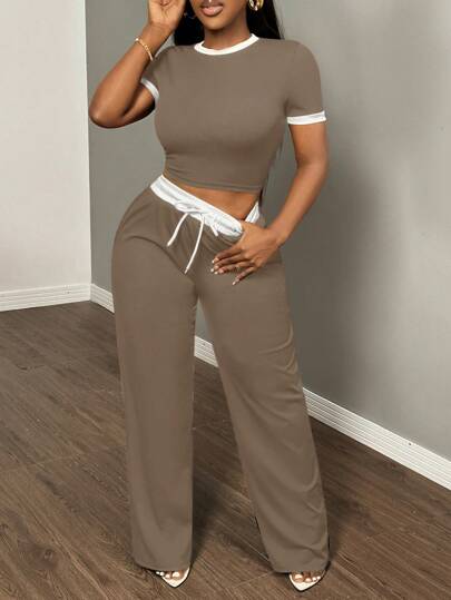 SHEIN SXY 2pcs/Set Women Contrast Color Cropped Short Sleeve T-Shirt And Pants Set,Summer Sets