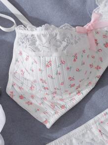 Dream Adore Set de 2 piezas de lencería para mujer con soportes de alambre, taza 3/4, encaje floral romántico y parches con lazo decorativo