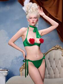 Vintage sexy Blumen bedruckter Bustier mit Schleife und Panty Dessous Set für Frauen