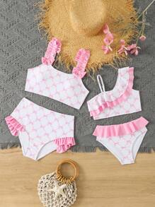 Young Girl Pink Simple Fashion Bow Print Pattern Swimwear Set, Comfortable Print Random - Pink - View 3