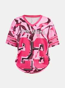 Sparklyn 2 件套青少年女孩迷彩休闲字母 V 领曲棍球 T 恤 + 宽松迷彩阔腿裤，街头时尚百搭 - 彩色 - 查看 3