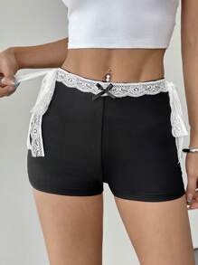 SHEIN Essnce Lace Shorts Bowknot Low Rise Shorts Summer Shorts Women's Contrast Lace Side Tie Stylish Shorts - Black - View 2