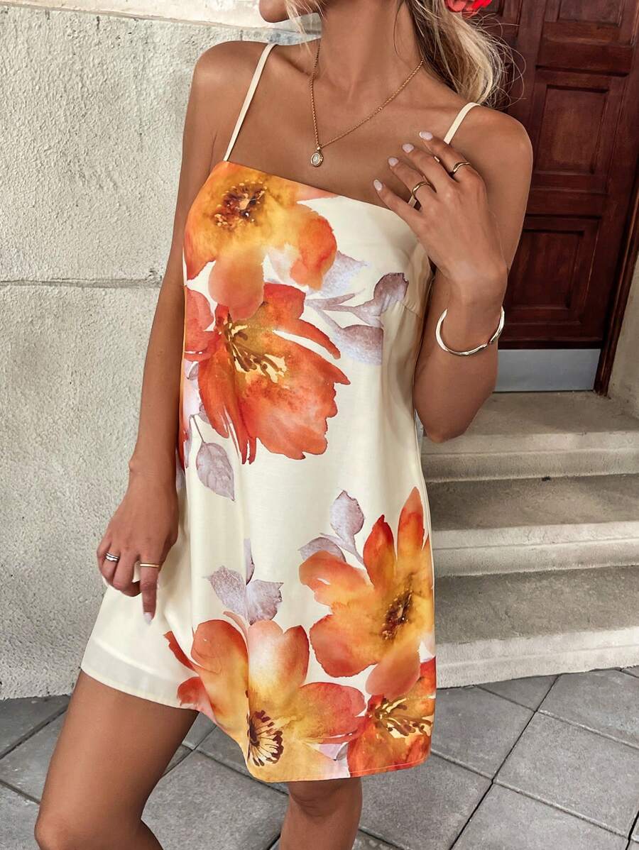 SHEIN Frenchy Summer Outfits For Women 2025: Floral Print Boho Mini Dress | Casual Vacation & Music Festival Dress With Spaghetti Straps | Sexy Beachwear For Pool Parties, Tropical Getaways, Rave & Summer Travel Dress - Multicolor - View 1