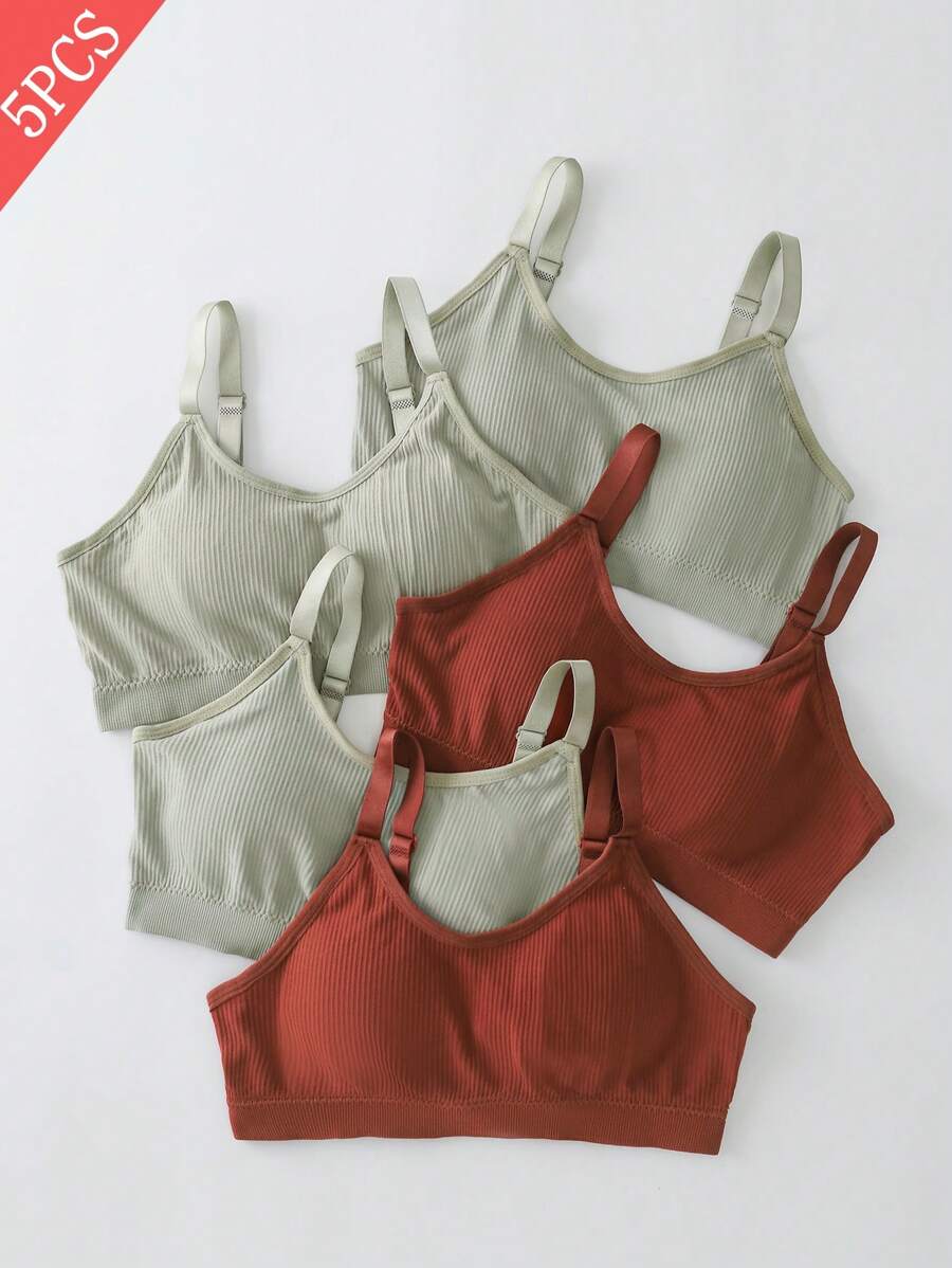 5pcs Summer Adjustable Solid Basic Casual Sports Bra Sets For Teen Girls, Simple & Fashionable - Multicolor - View 1