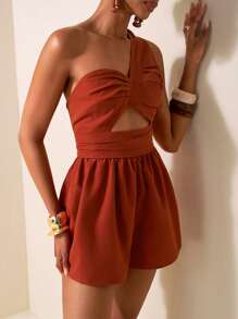 Zivah 2025 春夏新品,音乐节,复活节,圣帕特里克节,西方风格,游牧风格,生日派对,毕业季,学院风,学生日常穿着,百搭百搭,休闲,度假,巡游,海滩,日光浴,设计,街头风格,优雅绿色纹理面料吊带褶腰阔腿短裤连体裤 - B - 鏽棕色 - 查看 6