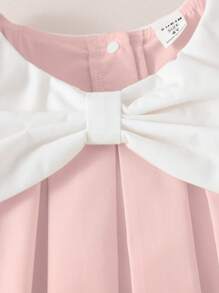 SHEIN 可爱甜美少女纯色连衣裙，夸张大蝴蝶结，撞色领子，泡泡袖短款，适合夏季 - 淺粉色 - 查看 5