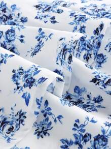 SHEIN Girlism Teenager Mädchen Landurlaub Blau und Weiß florales Puffärmel Set mit Herzausschnitt, gerüschter Vorderseite mit Schleife und geschichteter Lotusblatt Rock, zweiteiliges Set, geeignet für Frühling und Sommer, modisch für Herbst und Winter als Innenwäsche, Muster für Urlaubszeit, süß und niedlich