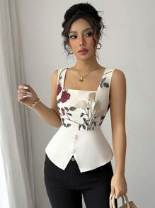 Selianne Women Floral Embroidery Square Collar Button-Detailed Sleeveless Blouse - Apricot - View 1