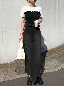 FRIFUL Women's Denim Frill Trim Bustier Top And Denim Skirt 2 Pieces Set Women Clothes Woman Summer Clothes Work Summer Women Summer Clothing Women Plus Clothing Formal - Black - View 4