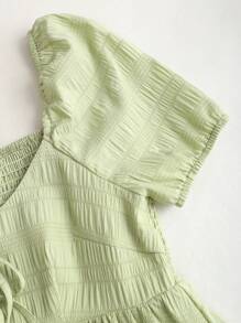 SHEIN Unity 女式夏季纯色方领泡泡袖蝴蝶结前 A 字形连衣裙 - 綠色 - 查看 3