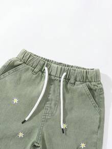 SHEIN Young Girl Adjustable Waist Sweet Floral Embroidered Pockets Loose & Comfortable Straight Leg Denim Long Pants, Light Blue, School, Campus, College - Green - View 5