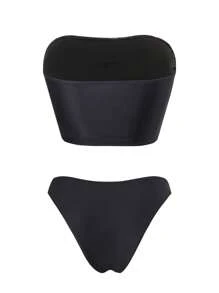 SHEIN Swim Women Summer Printed Spaghetti Strap High Cut Bikini Set - Black - View 5